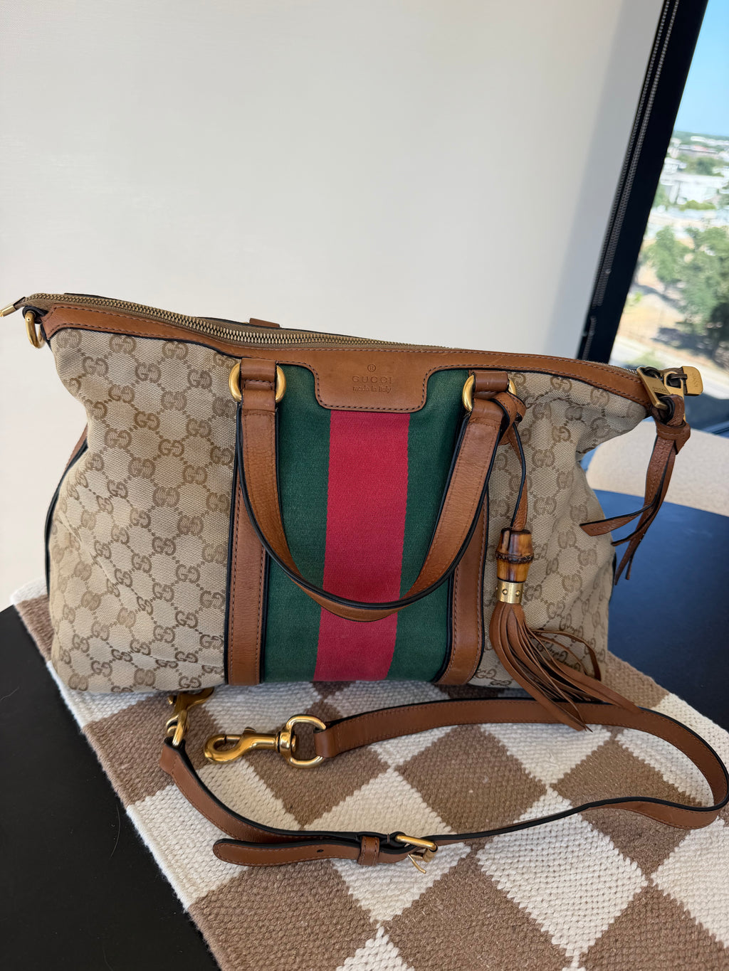 Gucci Raina Medium Tote GG Supreme Canvas Web Strip