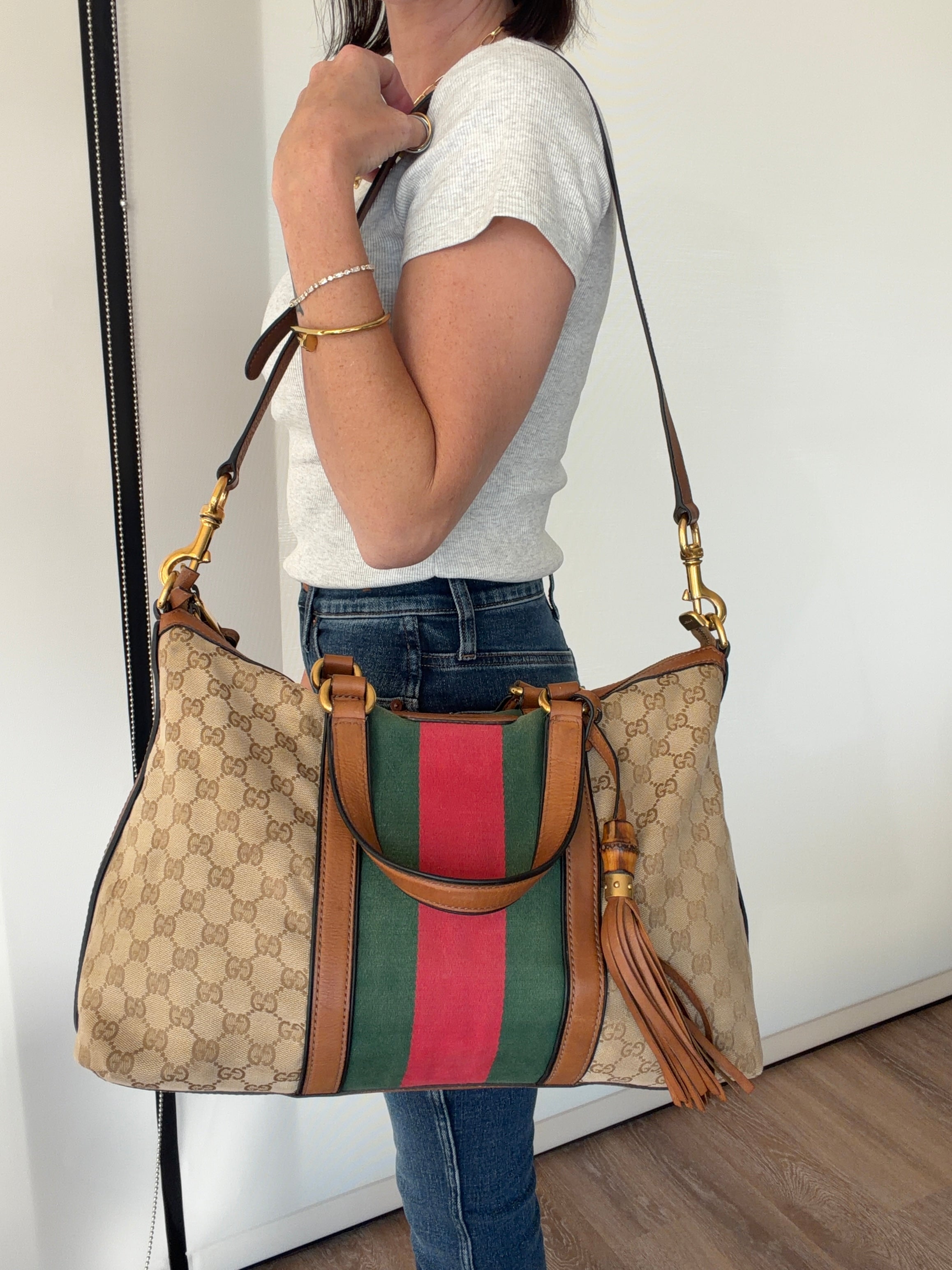 Gucci Raina Medium Tote GG Supreme Canvas Web Strip