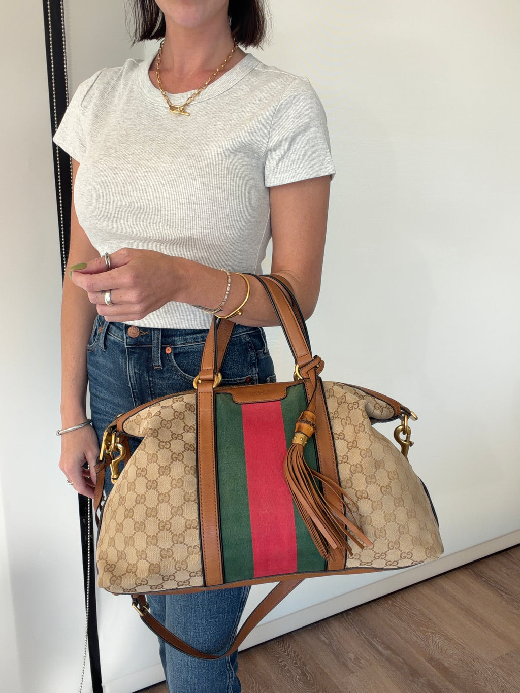 Gucci Raina Medium Tote GG Supreme Canvas Web Strip