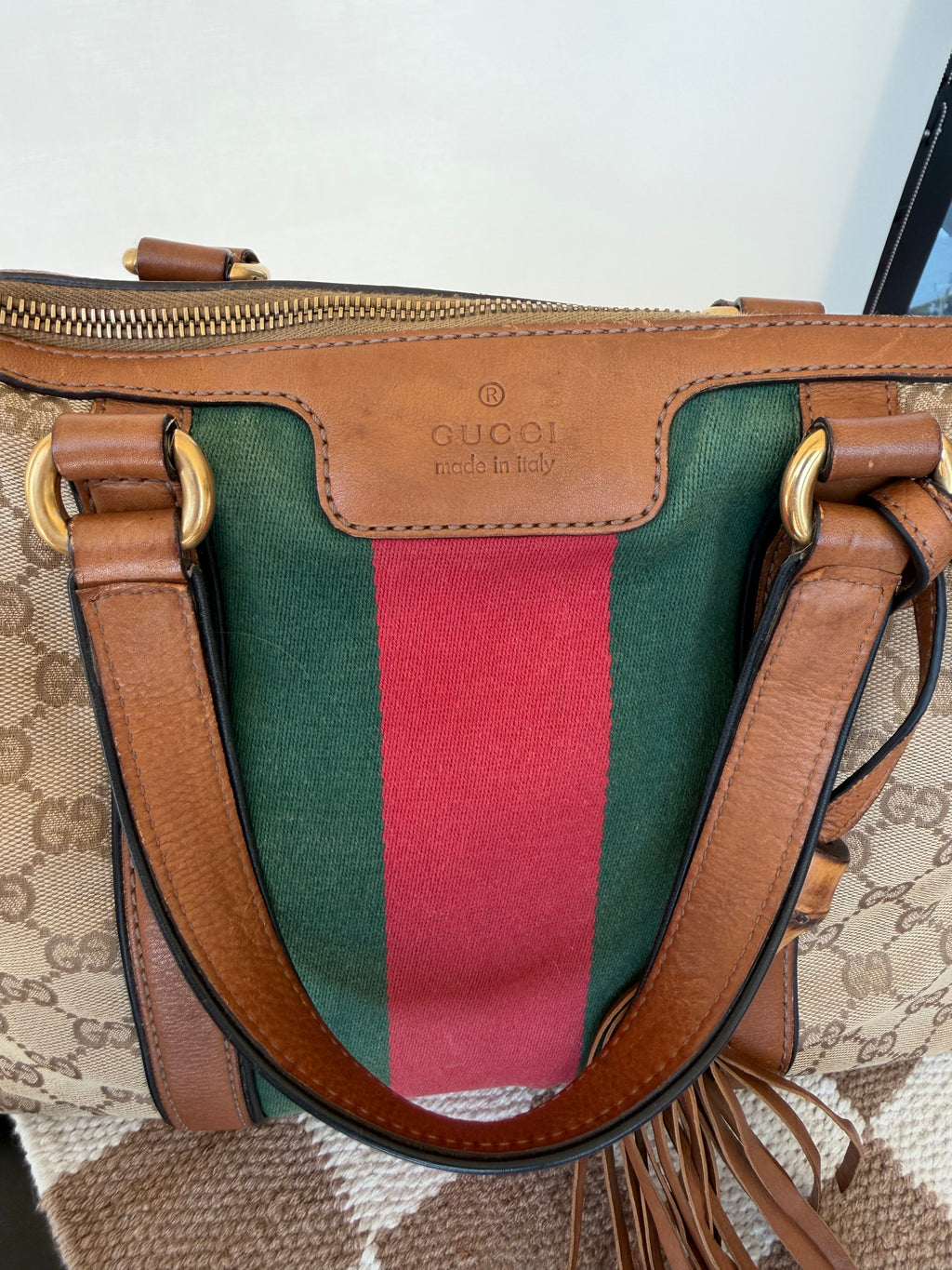 Gucci Raina Medium Tote GG Supreme Canvas Web Strip