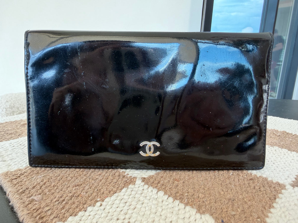 Chanel Black Patent Leather Long Wallet
