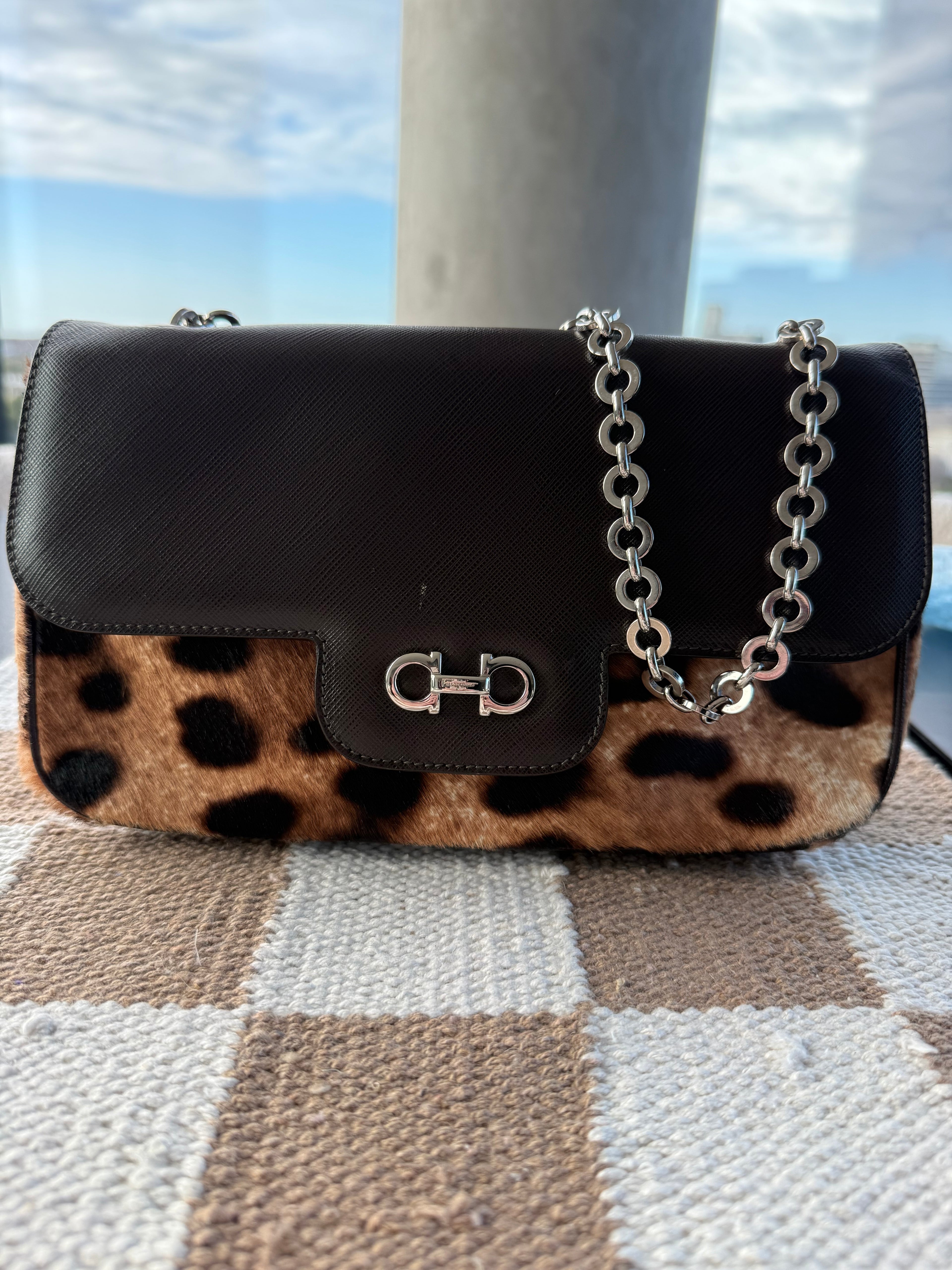 SOLD - Ferragamo Leopard Calf Hair Gancini Chain Shoulder Bag