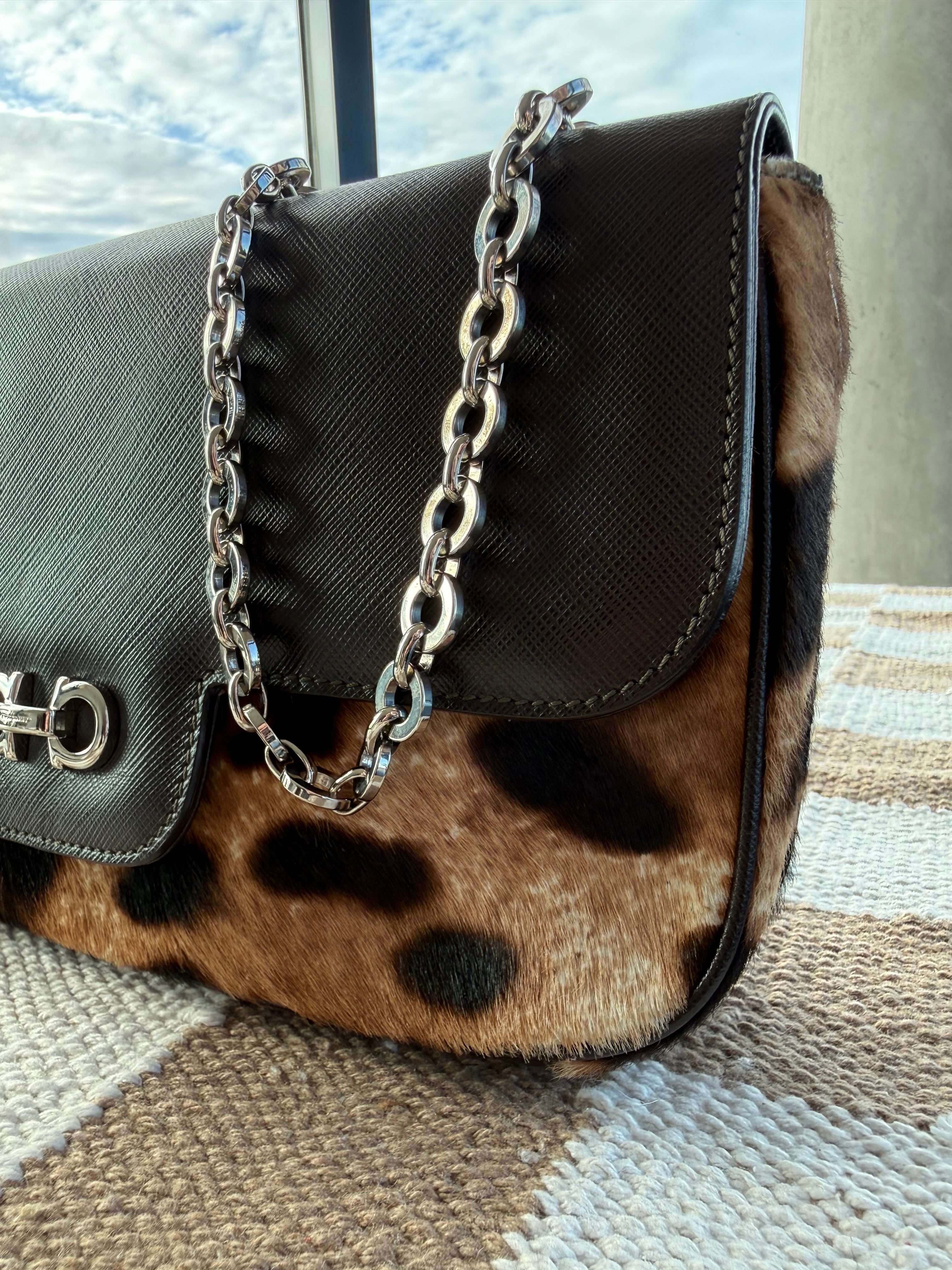 SOLD - Ferragamo Leopard Calf Hair Gancini Chain Shoulder Bag
