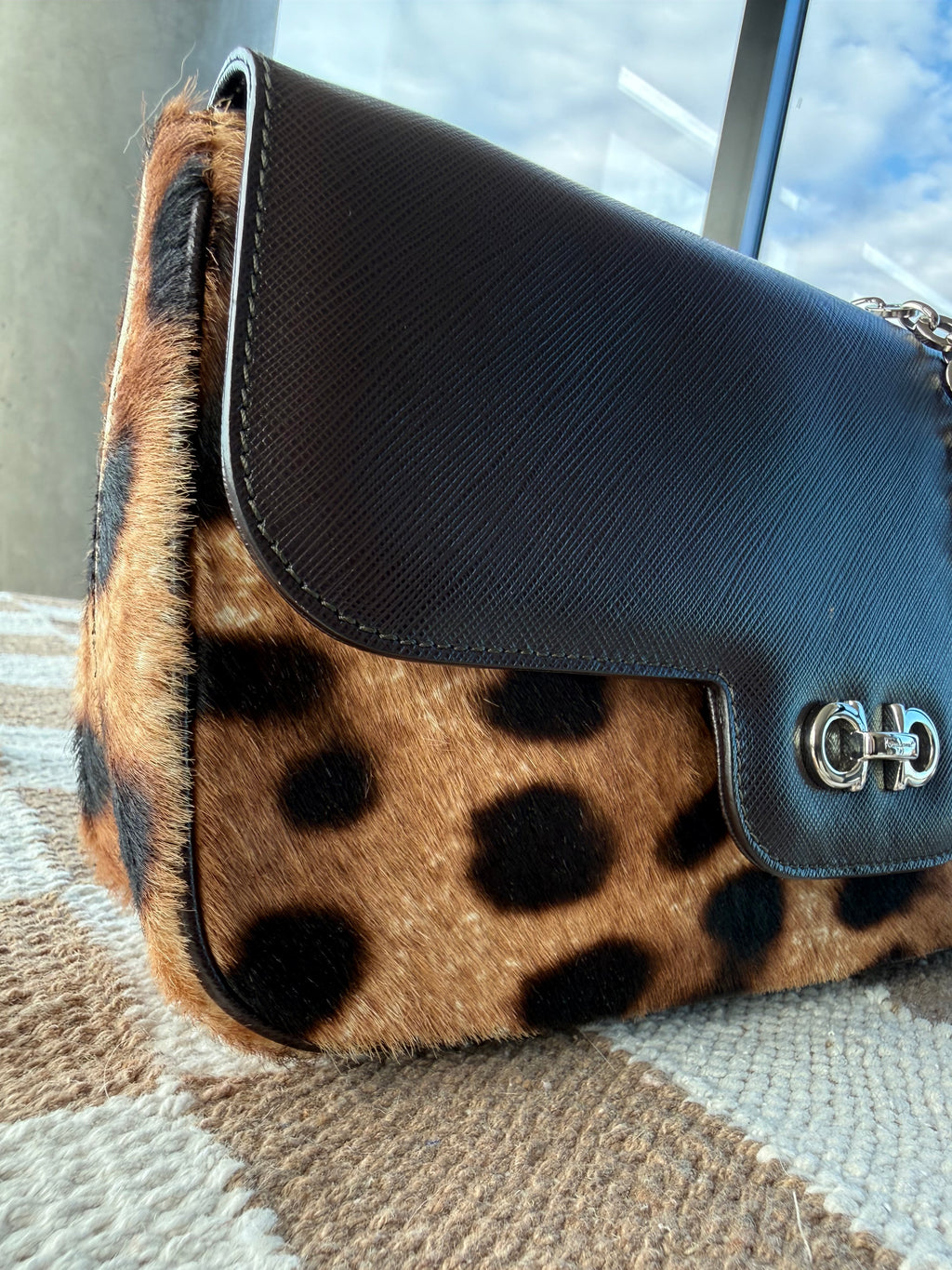 SOLD - Ferragamo Leopard Calf Hair Gancini Chain Shoulder Bag