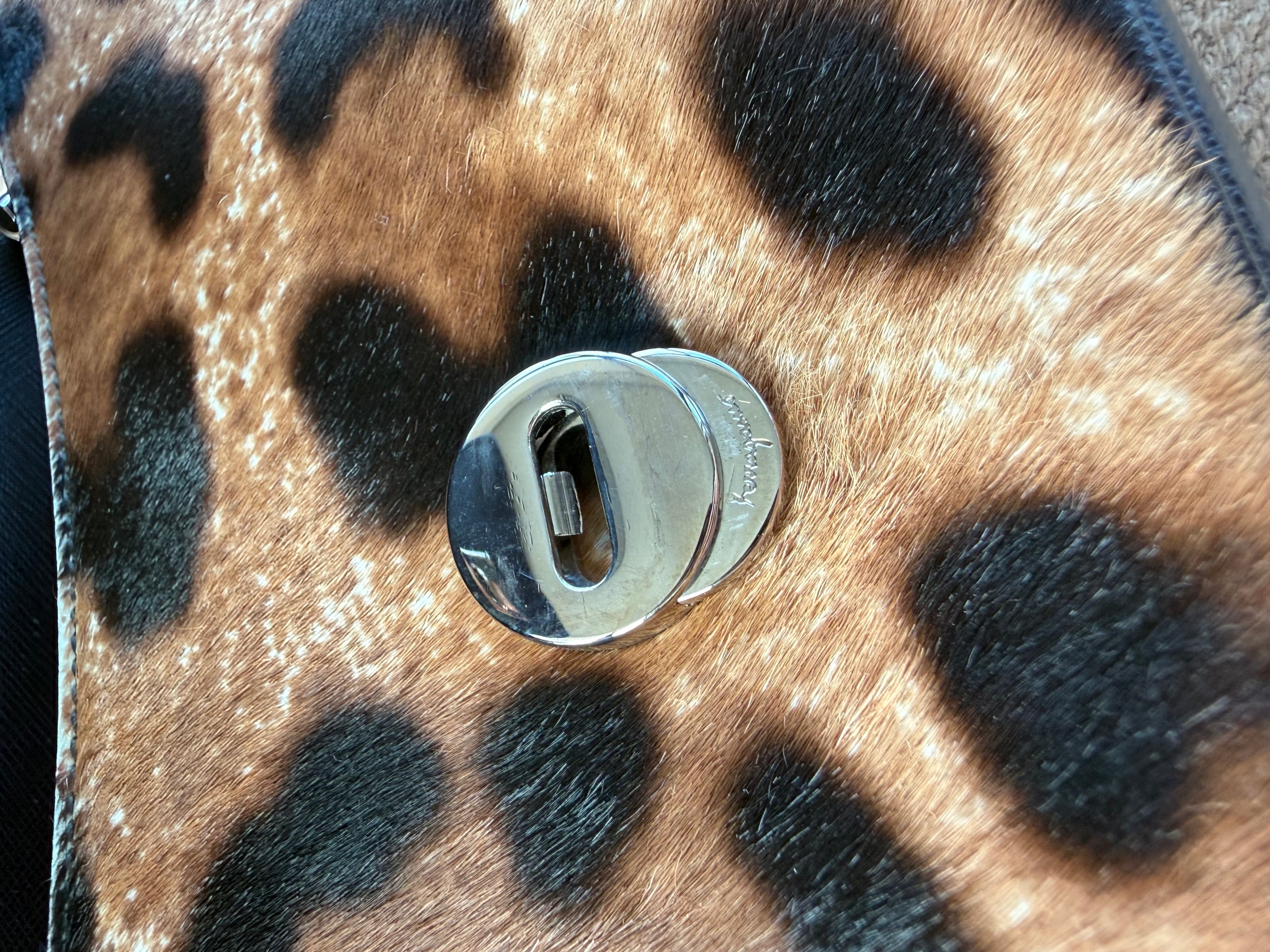 SOLD - Ferragamo Leopard Calf Hair Gancini Chain Shoulder Bag