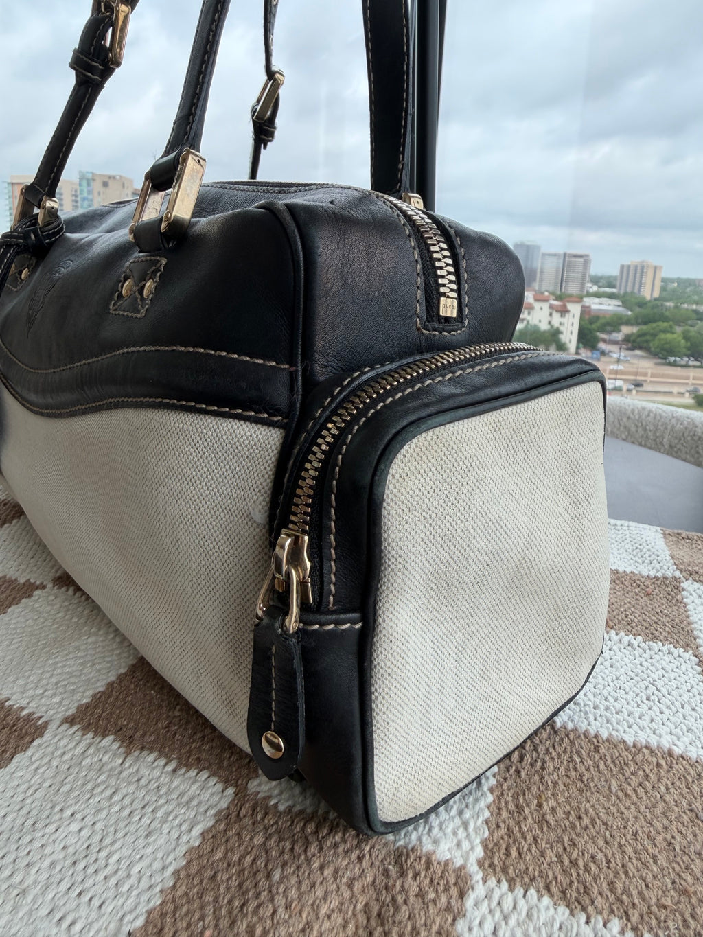 SOLD - Gucci Vintage East West Cream and Black Satchel