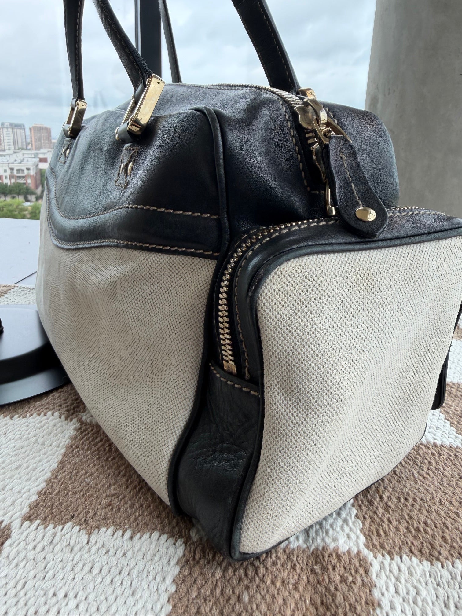 SOLD - Gucci Vintage East West Cream and Black Satchel